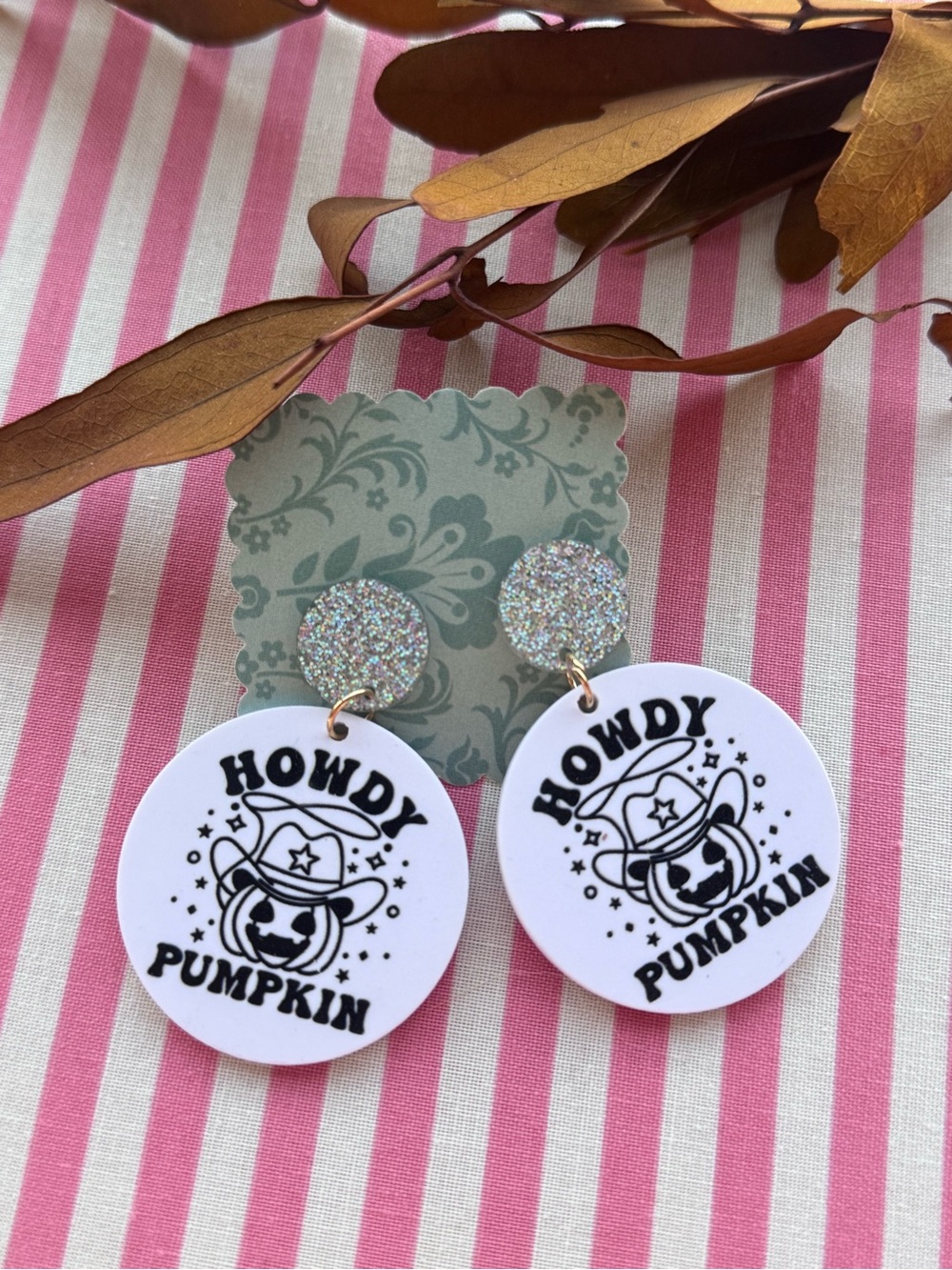Howdy Pumpkin Glitter White Black Earrings by